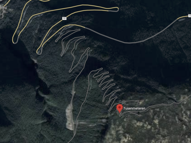 Google map showing the 42 hairpins in Tusenmeteren