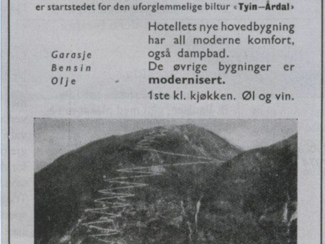 Old add for Tyin Høyfjhellshotell promoting Tusenmeteren. Photo: allkunne.no
