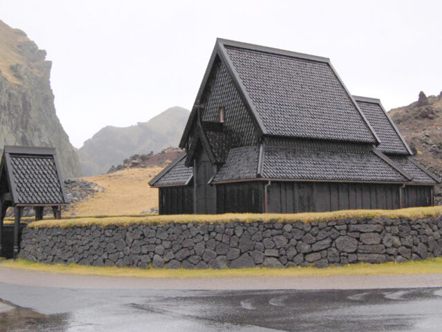 The replica called Heimaey stave church at Island. Ingolfssonderivative work: Micha, CC BY 2.0, via Wikimedia Commons
